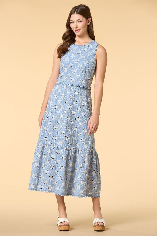 Versona morning glory embroidered maxi skirt BLUE