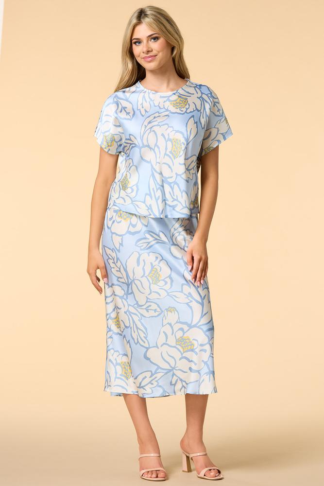 Versona sky blue blossoms satin midi skirt BLUE_MULTI